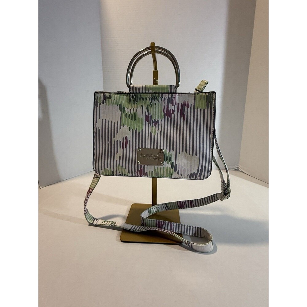Bebe Crossbody Green and White Stripe & Silver‎ Tone Handles W/Removable Strap